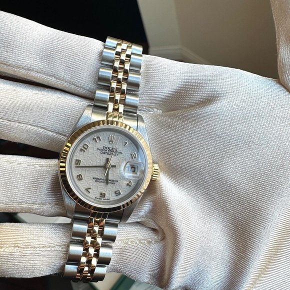 ROLEX DATEJUST CREAM JUBILEE ARABIC DIAL 18KY FLUTED JUBILEE TWOTONE WATCH 69173 - Picture 3 of 6